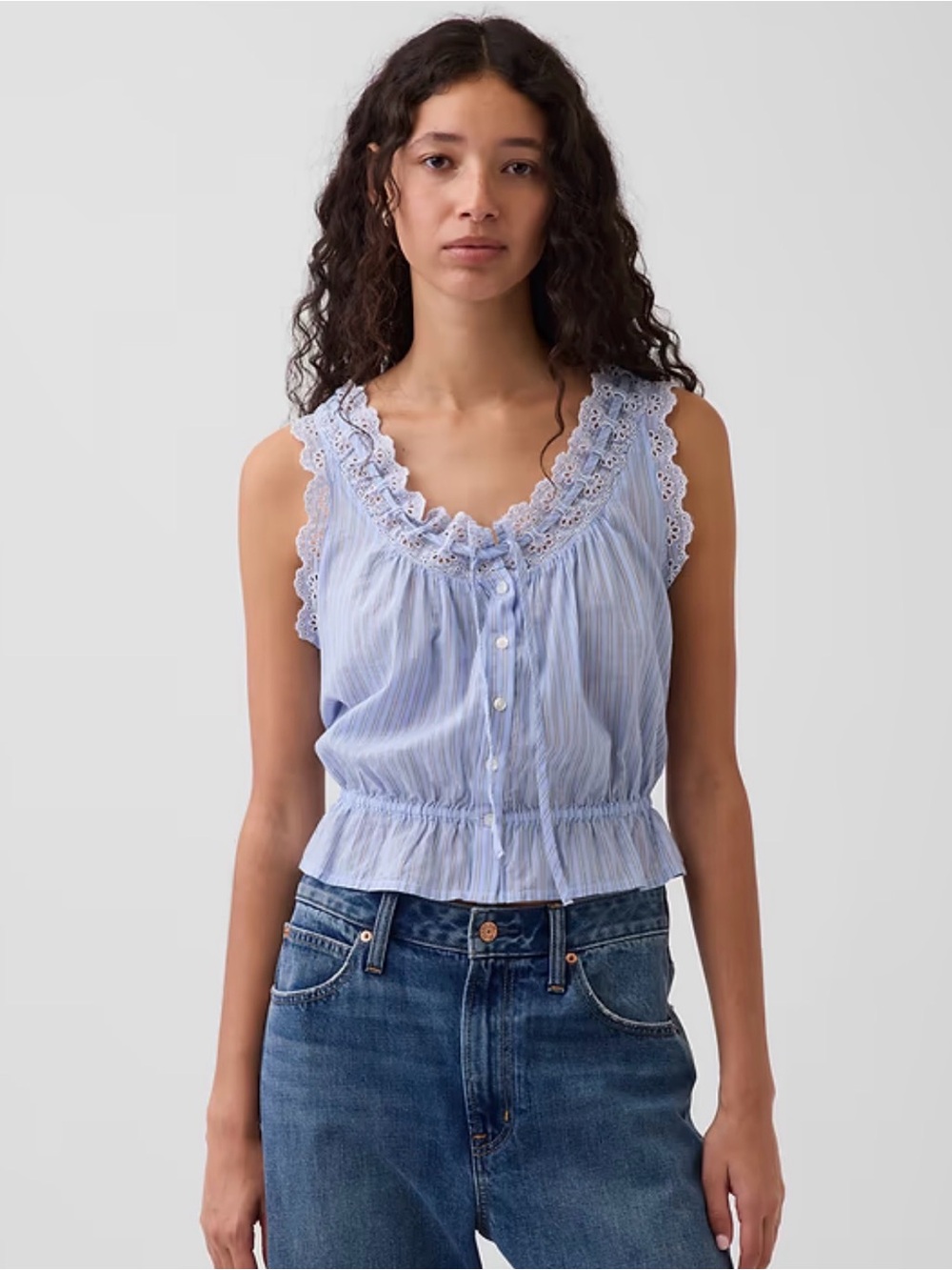 Eyelet tie front cropped peplum top